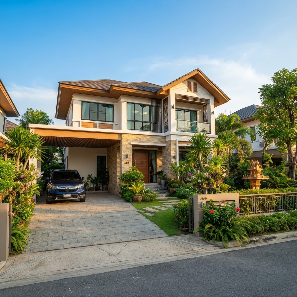 บ้านมือสองสองชั้นพร้อมสวนหน้าบ้านในประเทศไทย